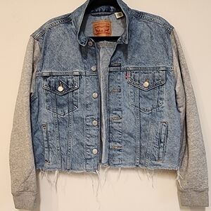 Denim Jean Blue Levi's Cropped Jacket with Grey Sweatshirt Sleeves